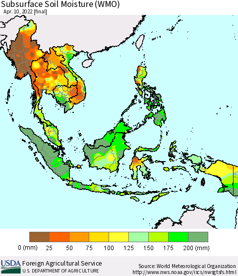 South East Asia Subsurface Soil Moisture (WMO) Thematic Map For 4/4/2022 - 4/10/2022