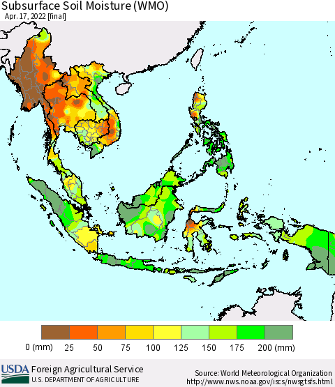 South East Asia Subsurface Soil Moisture (WMO) Thematic Map For 4/11/2022 - 4/17/2022