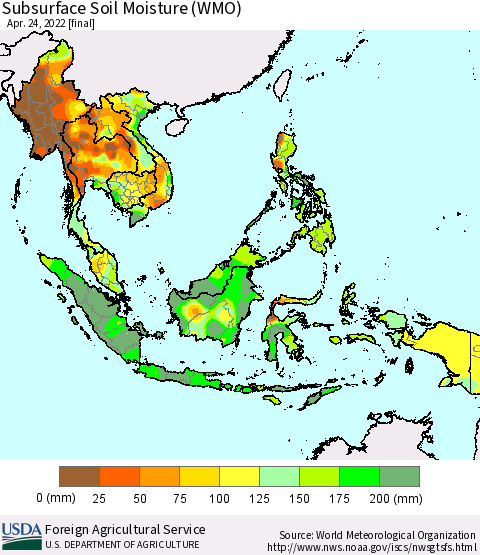 South East Asia Subsurface Soil Moisture (WMO) Thematic Map For 4/18/2022 - 4/24/2022