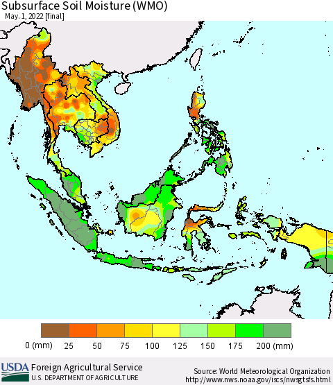 South East Asia Subsurface Soil Moisture (WMO) Thematic Map For 4/25/2022 - 5/1/2022
