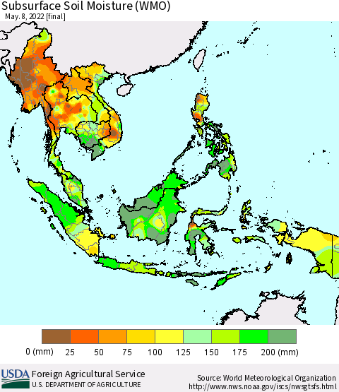 South East Asia Subsurface Soil Moisture (WMO) Thematic Map For 5/2/2022 - 5/8/2022