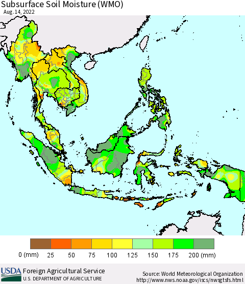 South East Asia Subsurface Soil Moisture (WMO) Thematic Map For 8/8/2022 - 8/14/2022