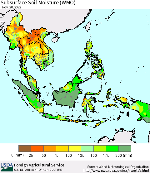 South East Asia Subsurface Soil Moisture (WMO) Thematic Map For 11/14/2022 - 11/20/2022