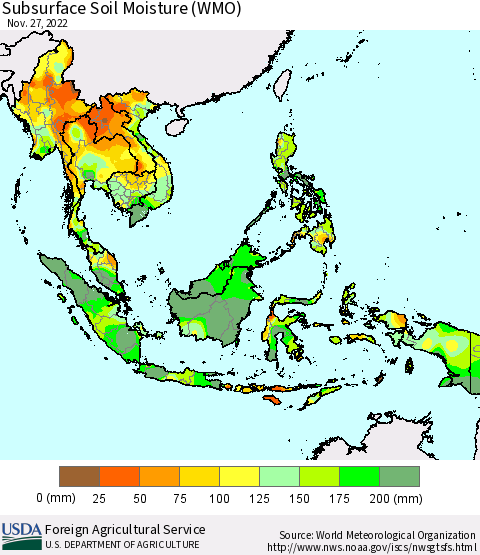 South East Asia Subsurface Soil Moisture (WMO) Thematic Map For 11/21/2022 - 11/27/2022