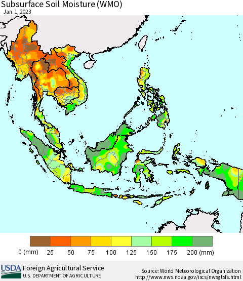 South East Asia Subsurface Soil Moisture (WMO) Thematic Map For 12/26/2022 - 1/1/2023