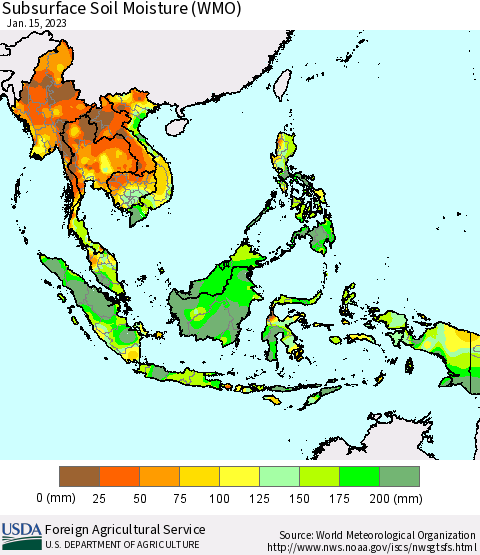 South East Asia Subsurface Soil Moisture (WMO) Thematic Map For 1/9/2023 - 1/15/2023