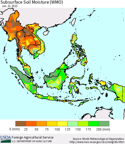 South East Asia Subsurface Soil Moisture (WMO) Thematic Map For 1/16/2023 - 1/22/2023