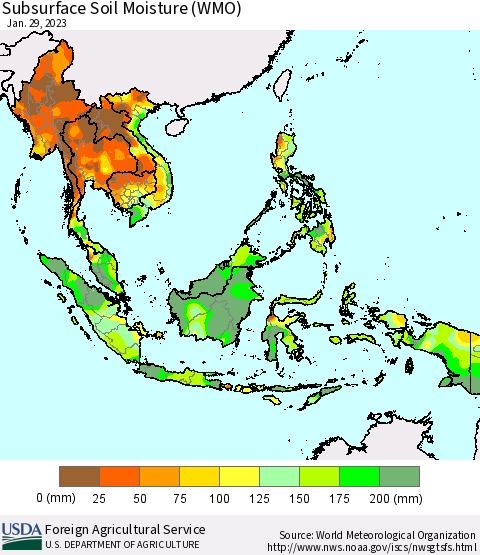 South East Asia Subsurface Soil Moisture (WMO) Thematic Map For 1/23/2023 - 1/29/2023