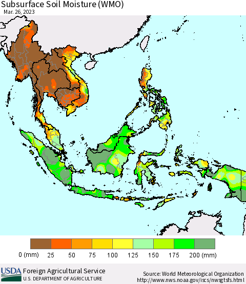 South East Asia Subsurface Soil Moisture (WMO) Thematic Map For 3/20/2023 - 3/26/2023