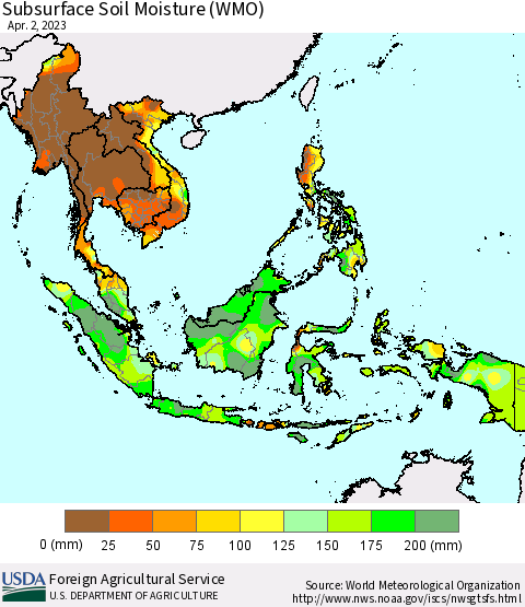 South East Asia Subsurface Soil Moisture (WMO) Thematic Map For 3/27/2023 - 4/2/2023