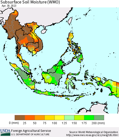 South East Asia Subsurface Soil Moisture (WMO) Thematic Map For 4/24/2023 - 4/30/2023
