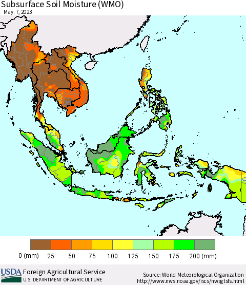 South East Asia Subsurface Soil Moisture (WMO) Thematic Map For 5/1/2023 - 5/7/2023