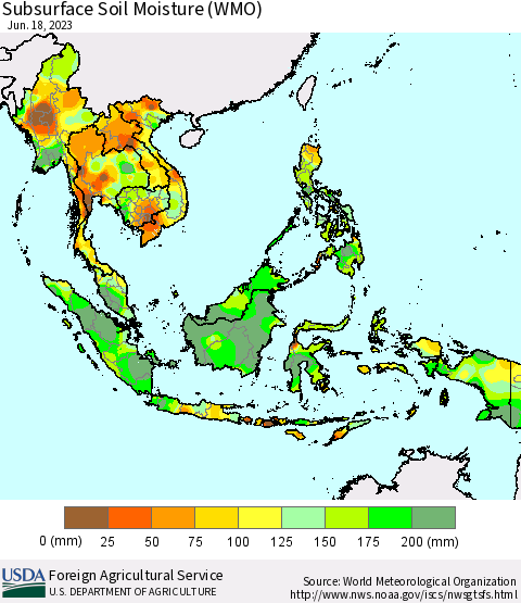 South East Asia Subsurface Soil Moisture (WMO) Thematic Map For 6/12/2023 - 6/18/2023