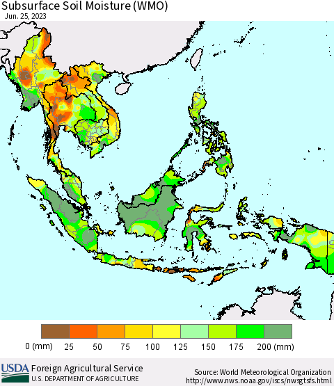 South East Asia Subsurface Soil Moisture (WMO) Thematic Map For 6/19/2023 - 6/25/2023