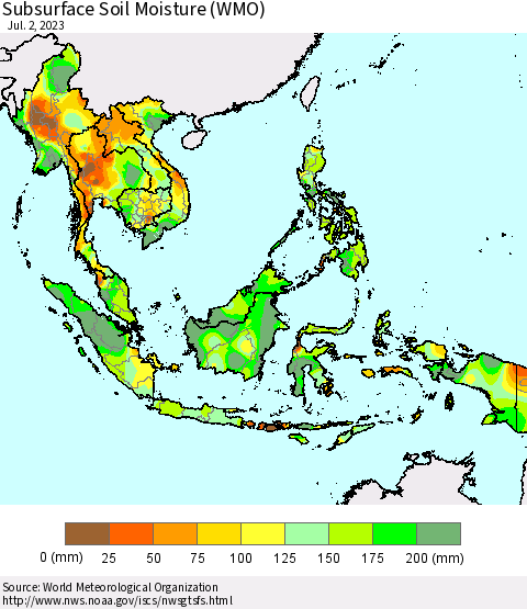 South East Asia Subsurface Soil Moisture (WMO) Thematic Map For 6/26/2023 - 7/2/2023