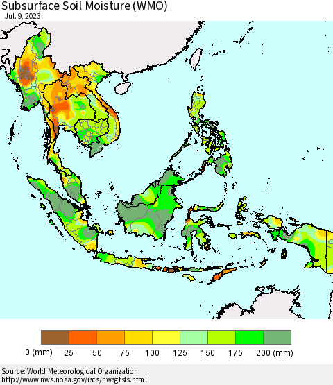 South East Asia Subsurface Soil Moisture (WMO) Thematic Map For 7/3/2023 - 7/9/2023
