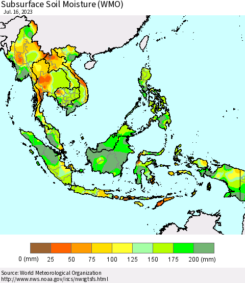 South East Asia Subsurface Soil Moisture (WMO) Thematic Map For 7/10/2023 - 7/16/2023