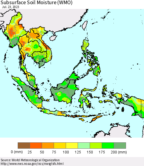 South East Asia Subsurface Soil Moisture (WMO) Thematic Map For 7/17/2023 - 7/23/2023