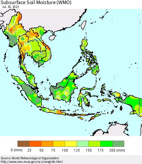 South East Asia Subsurface Soil Moisture (WMO) Thematic Map For 7/24/2023 - 7/30/2023