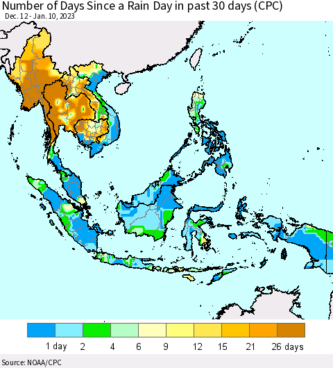 South East Asia Number of Days Since a Rain Day in past 30 days (CPC) Thematic Map For 1/6/2023 - 1/10/2023