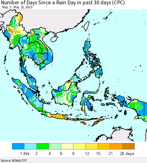 South East Asia Number of Days Since a Rain Day in past 30 days (CPC) Thematic Map For 5/26/2023 - 5/31/2023