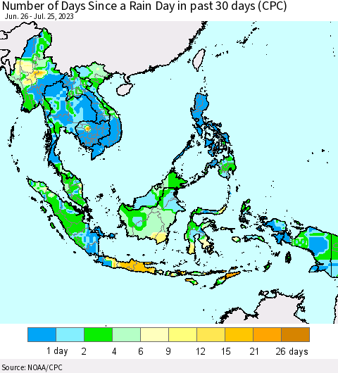 South East Asia Number of Days Since a Rain Day in past 30 days (CPC) Thematic Map For 7/21/2023 - 7/25/2023