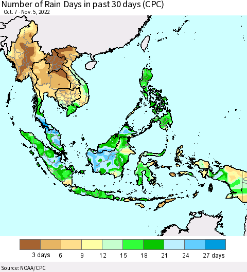 South East Asia Number of Rain Days in past 30 days (CPC) Thematic Map For 11/1/2022 - 11/5/2022