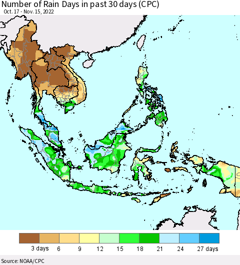 South East Asia Number of Rain Days in past 30 days (CPC) Thematic Map For 11/11/2022 - 11/15/2022