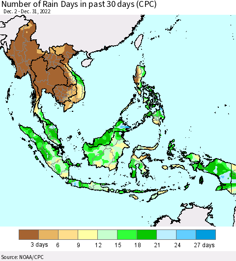 South East Asia Number of Rain Days in past 30 days (CPC) Thematic Map For 12/26/2022 - 12/31/2022