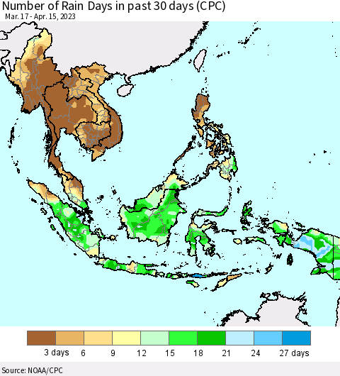 South East Asia Number of Rain Days in past 30 days (CPC) Thematic Map For 4/11/2023 - 4/15/2023