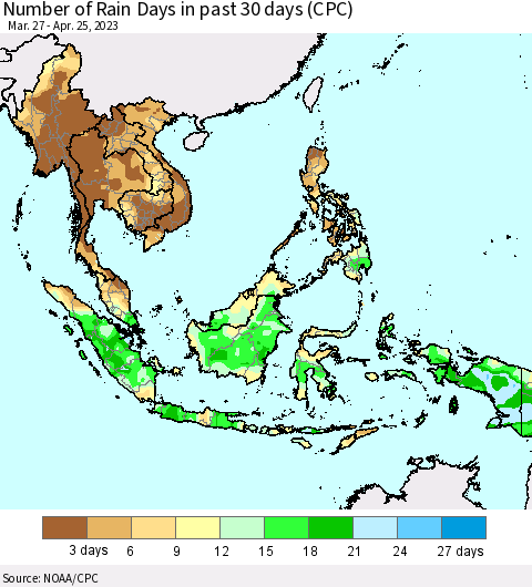South East Asia Number of Rain Days in past 30 days (CPC) Thematic Map For 4/21/2023 - 4/25/2023
