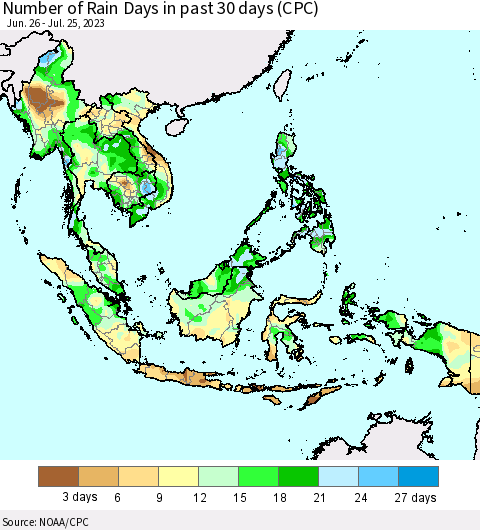 South East Asia Number of Rain Days in past 30 days (CPC) Thematic Map For 7/21/2023 - 7/25/2023