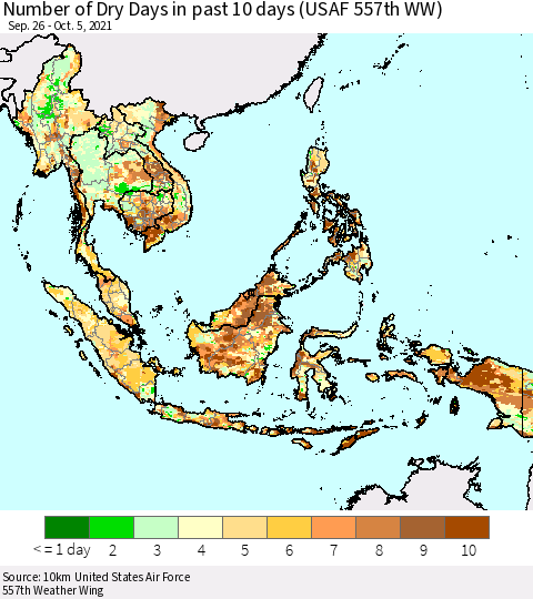 South East Asia Number of Dry Days in past 10 days (USAF 557th WW) Thematic Map For 10/1/2021 - 10/5/2021
