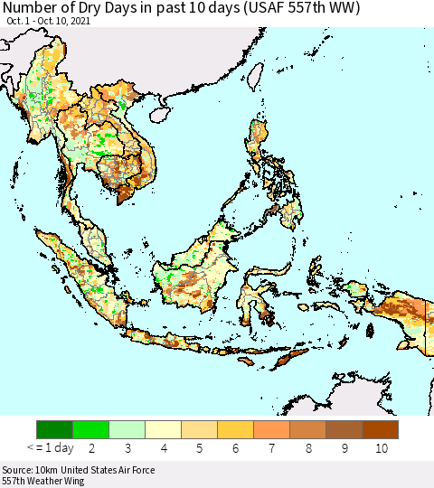 South East Asia Number of Dry Days in past 10 days (USAF 557th WW) Thematic Map For 10/6/2021 - 10/10/2021