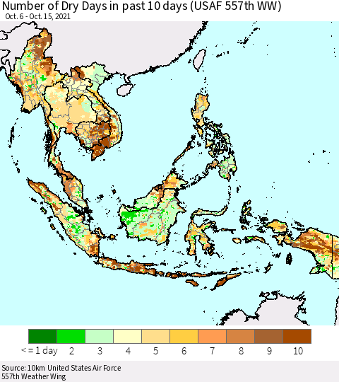 South East Asia Number of Dry Days in past 10 days (USAF 557th WW) Thematic Map For 10/11/2021 - 10/15/2021