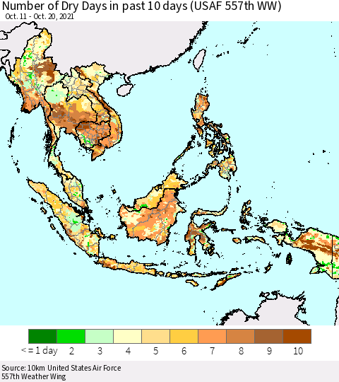South East Asia Number of Dry Days in past 10 days (USAF 557th WW) Thematic Map For 10/16/2021 - 10/20/2021