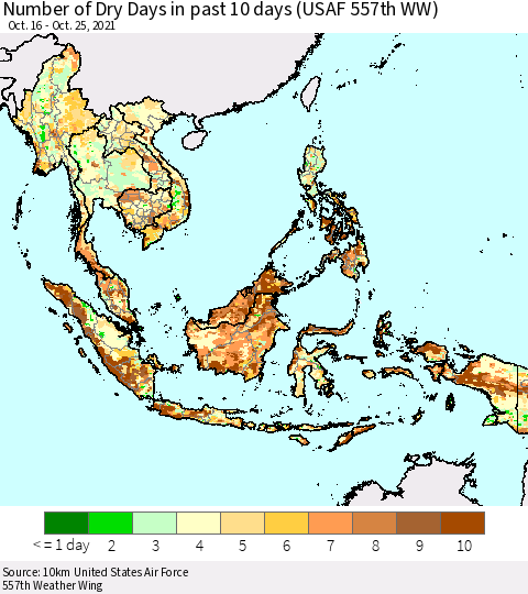 South East Asia Number of Dry Days in past 10 days (USAF 557th WW) Thematic Map For 10/21/2021 - 10/25/2021