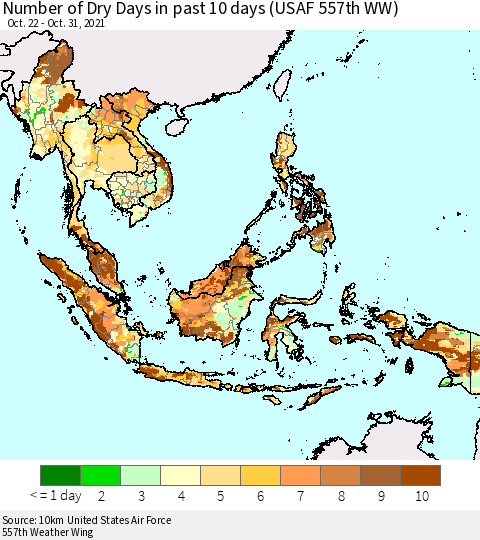 South East Asia Number of Dry Days in past 10 days (USAF 557th WW) Thematic Map For 10/26/2021 - 10/31/2021