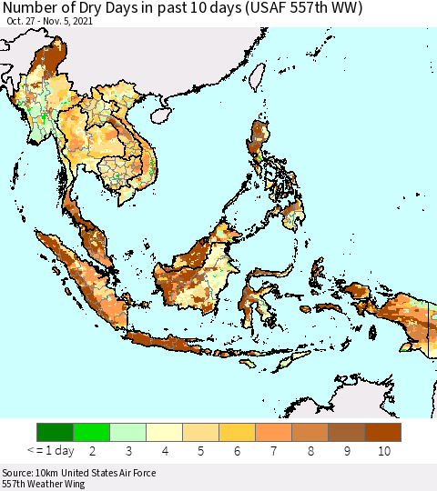 South East Asia Number of Dry Days in past 10 days (USAF 557th WW) Thematic Map For 11/1/2021 - 11/5/2021
