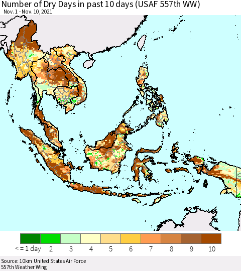 South East Asia Number of Dry Days in past 10 days (USAF 557th WW) Thematic Map For 11/6/2021 - 11/10/2021