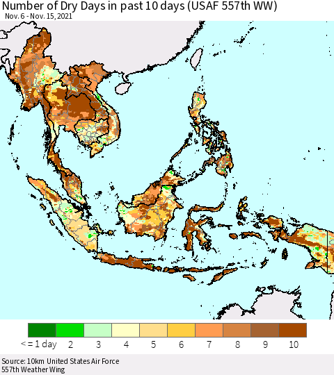 South East Asia Number of Dry Days in past 10 days (USAF 557th WW) Thematic Map For 11/11/2021 - 11/15/2021