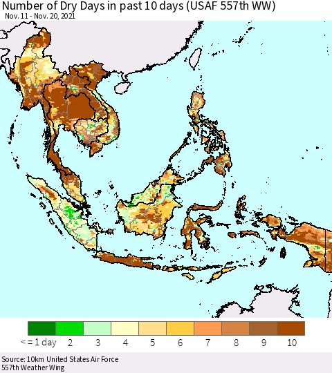 South East Asia Number of Dry Days in past 10 days (USAF 557th WW) Thematic Map For 11/16/2021 - 11/20/2021