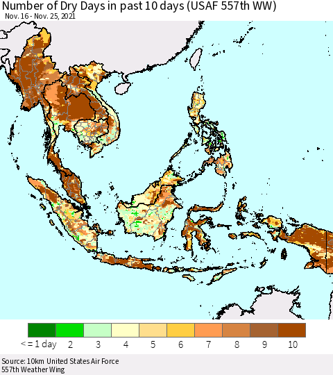 South East Asia Number of Dry Days in past 10 days (USAF 557th WW) Thematic Map For 11/21/2021 - 11/25/2021