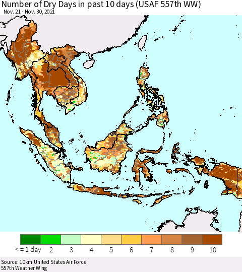 South East Asia Number of Dry Days in past 10 days (USAF 557th WW) Thematic Map For 11/26/2021 - 11/30/2021