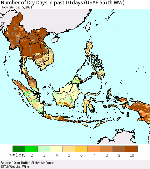 South East Asia Number of Dry Days in past 10 days (USAF 557th WW) Thematic Map For 12/1/2021 - 12/5/2021
