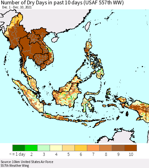 South East Asia Number of Dry Days in past 10 days (USAF 557th WW) Thematic Map For 12/6/2021 - 12/10/2021
