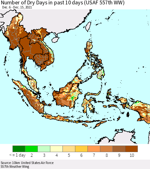South East Asia Number of Dry Days in past 10 days (USAF 557th WW) Thematic Map For 12/11/2021 - 12/15/2021