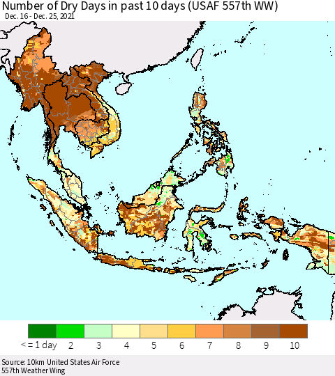 South East Asia Number of Dry Days in past 10 days (USAF 557th WW) Thematic Map For 12/21/2021 - 12/25/2021