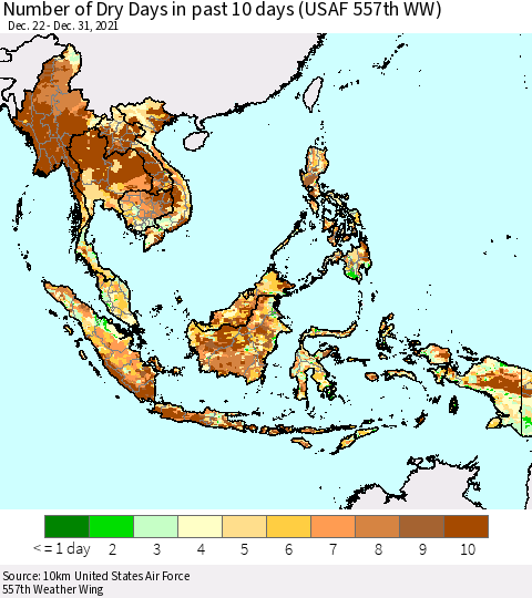 South East Asia Number of Dry Days in past 10 days (USAF 557th WW) Thematic Map For 12/26/2021 - 12/31/2021