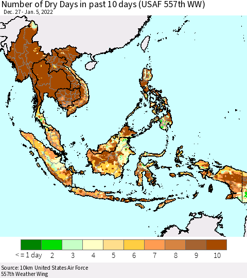 South East Asia Number of Dry Days in past 10 days (USAF 557th WW) Thematic Map For 1/1/2022 - 1/5/2022